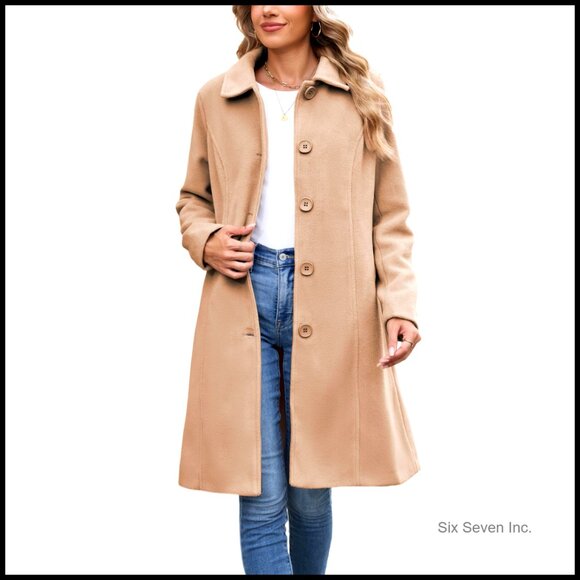 Women's Pea Coat Faux Wool Blend Long Trench Coat Winter Overcoat with Pockets